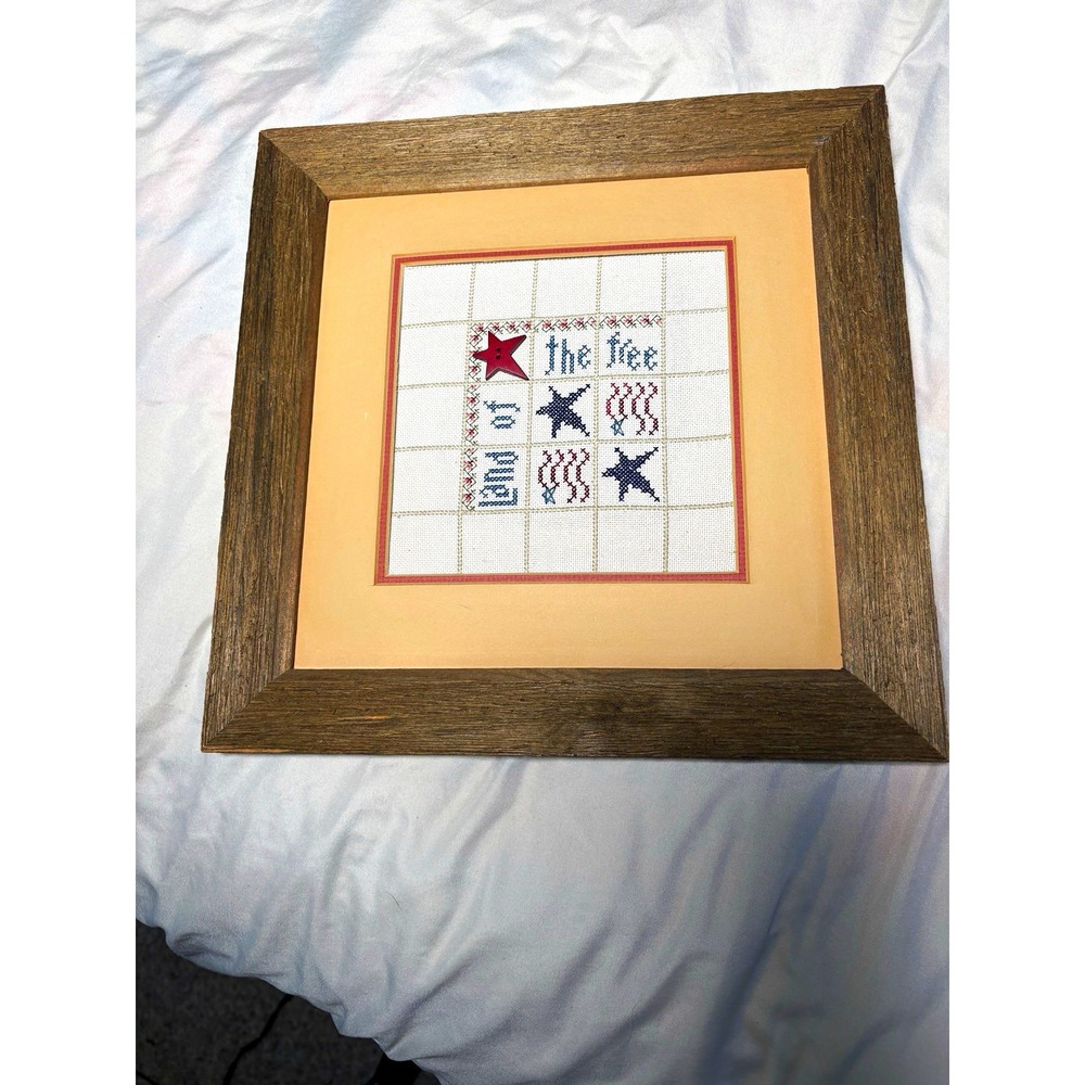Framed Finished Cross Stitch Embroidery Sampler "Land of the Free"